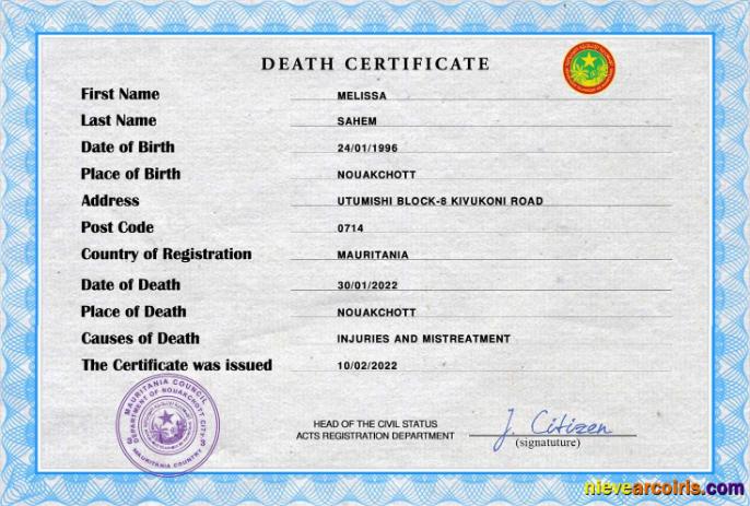 Mauritania vital record death certificate